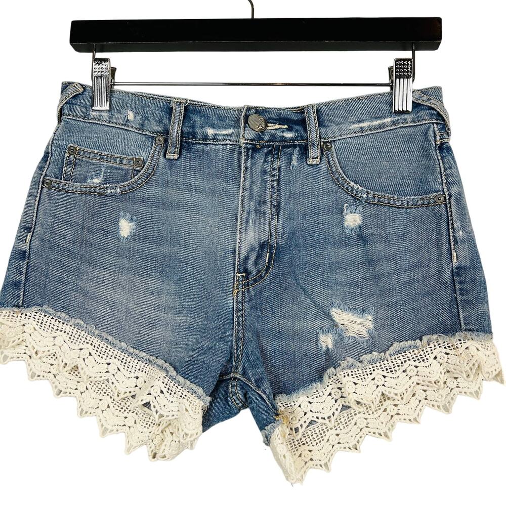 Free People Lace Trim Denim Shorts Jean Blue - 25